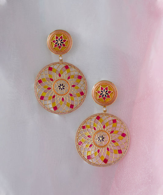 Ruyah Pink Enameled Long Dangle Earrings - Delicate Statement Floral Jewellery in Gold Finish