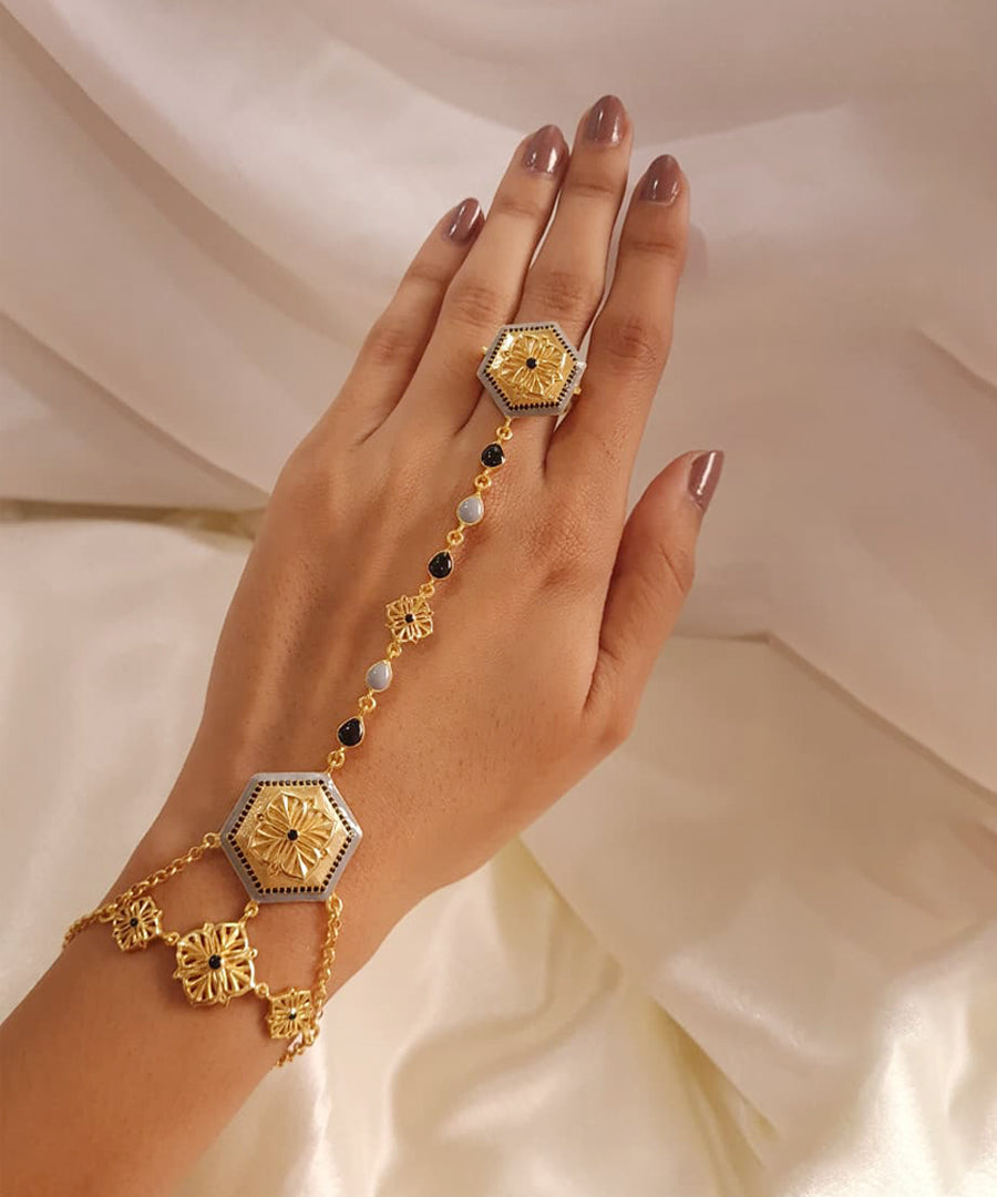 Magnolia - Haathphool Bracelet - Boho Statement Jewellery - Gold Plated - Floral Jewellery