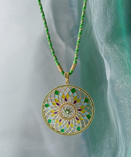 Ruyah Green Enamel Long Pendant - Delicate Statement Floral Jewellery - Handmade Woven String in Gold Finish