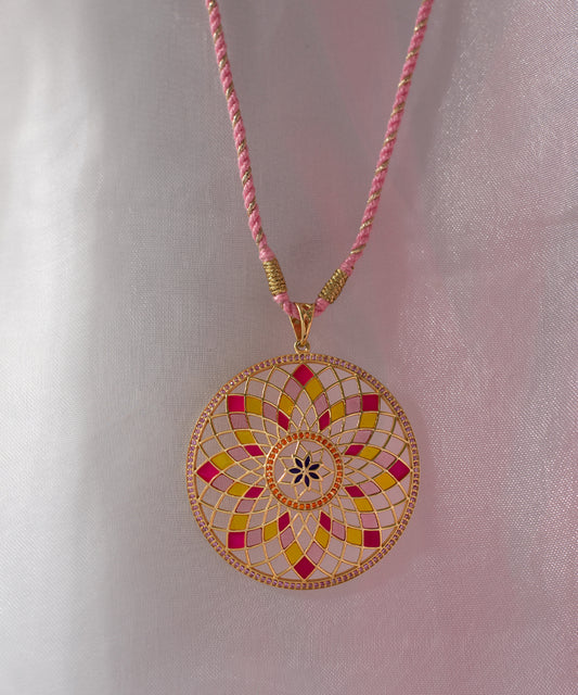 Ruyah Pink Enamel Long Pendant - Delicate Statement Floral Jewellery - Handmade Woven String in Gold Finish