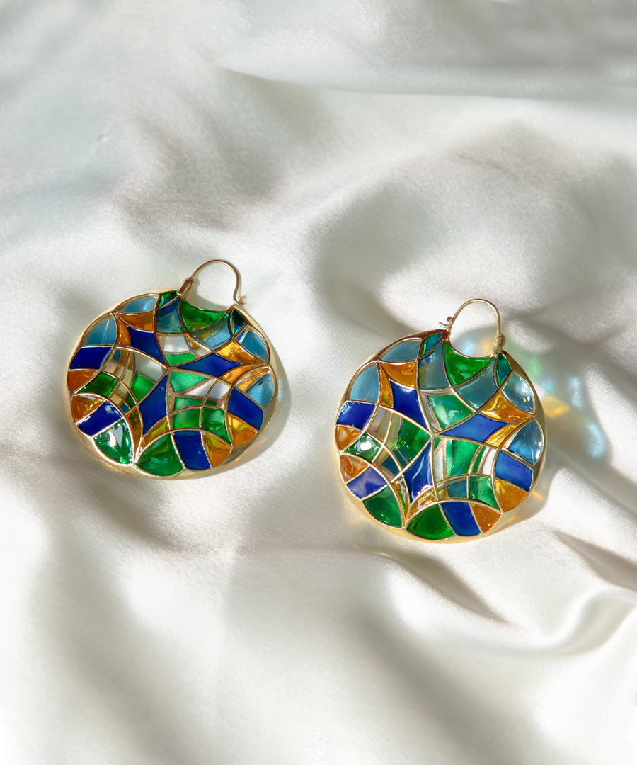 Rama Green Kaleidoscope Polychrome Hoop Earrings In Gold Finish