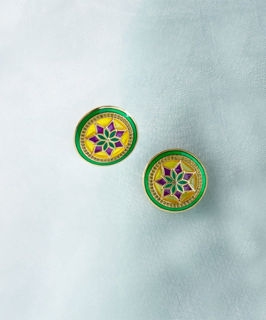 Ruyah Handcrafted Green Enamel Studs - Radial Pattern Floral Stud Earrings in Gold Finish