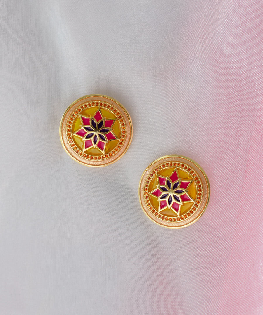 Ruyah Handcrafted Pink Enamel Studs - Radial Pattern Floral Stud Earrings in Gold Finish