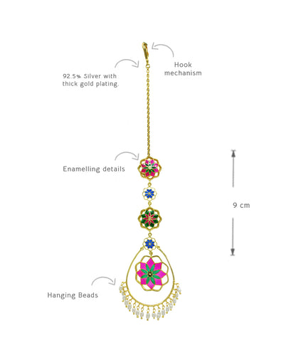 Gul Roja Mang Tika - Hot Pink and Emerald Green - Meenakari Enamel with Pearls - Head Jewelry