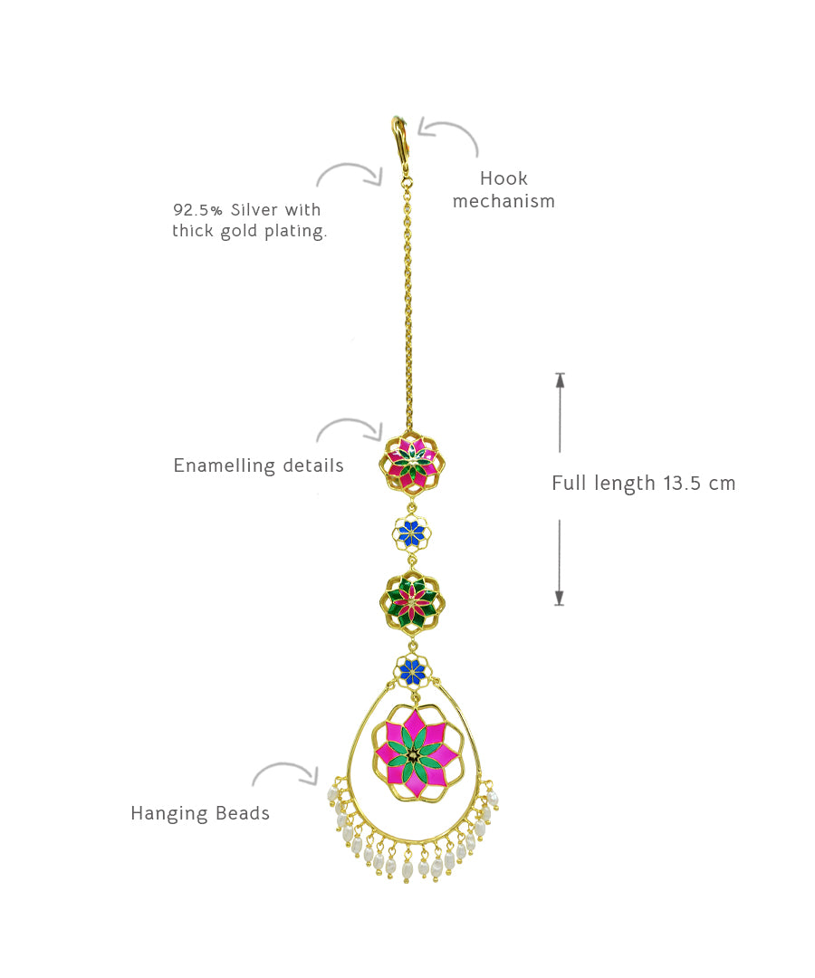 Gul Roja Mang Tika - Hot Pink and Emerald Green - Meenakari Enamel with Pearls - Head Jewelry