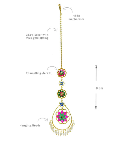 Gul Roja Mang Tika - Hot Pink and Emerald Green - Meenakari Enamel with Pearls - Head Jewelry