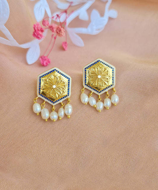 Golden Blue Zircon Magnolia Bead Stud Earrings
