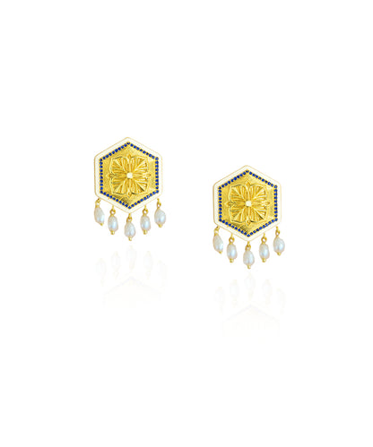 Golden Blue Zircon Magnolia Bead Stud Earrings