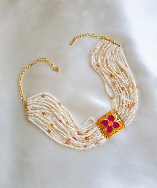 Pink Orange Chameli choker necklace. Silver gold plated with enamel work choker from AKS collection by Manner India.