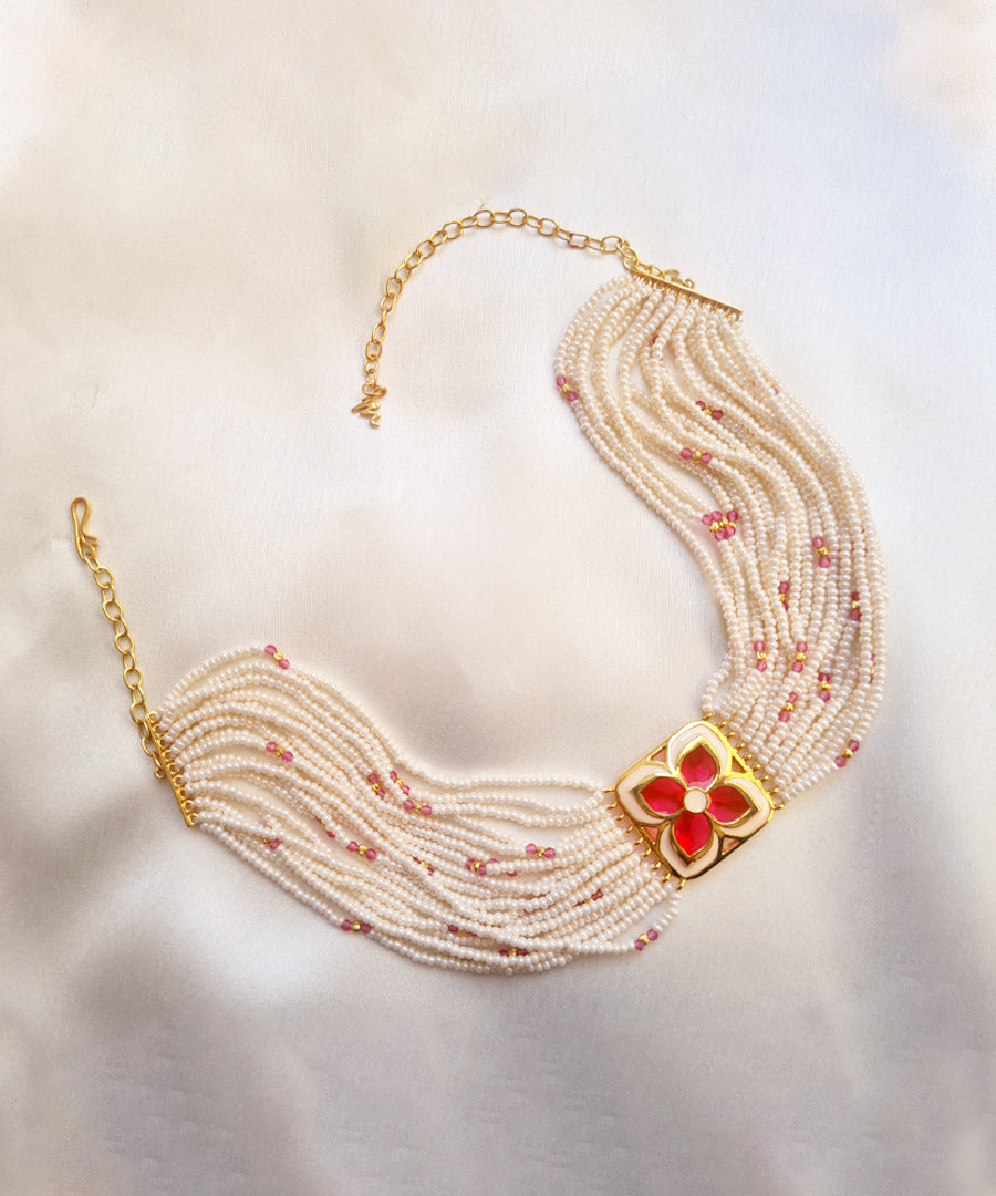 Red Ivory Chameli choker necklace. Silver gold plated with enamel work choker from AKS collection by Manner India.