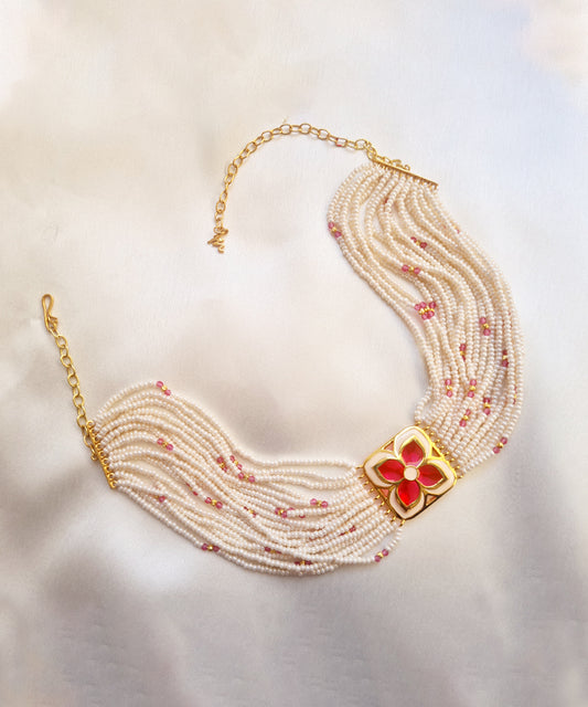 Red Ivory Chameli choker necklace. Silver gold plated with enamel work choker from AKS collection by Manner India.
