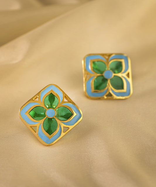 Green blue Chameli stud earrings. Silver gold plated earrings from AKS collection by Manner India.