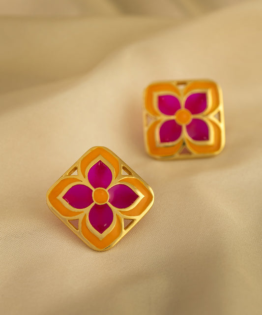 Pink orange Chameli Stud earrings. 92.5% sterling silver gold plated earrings from AKS collection by Manner India.