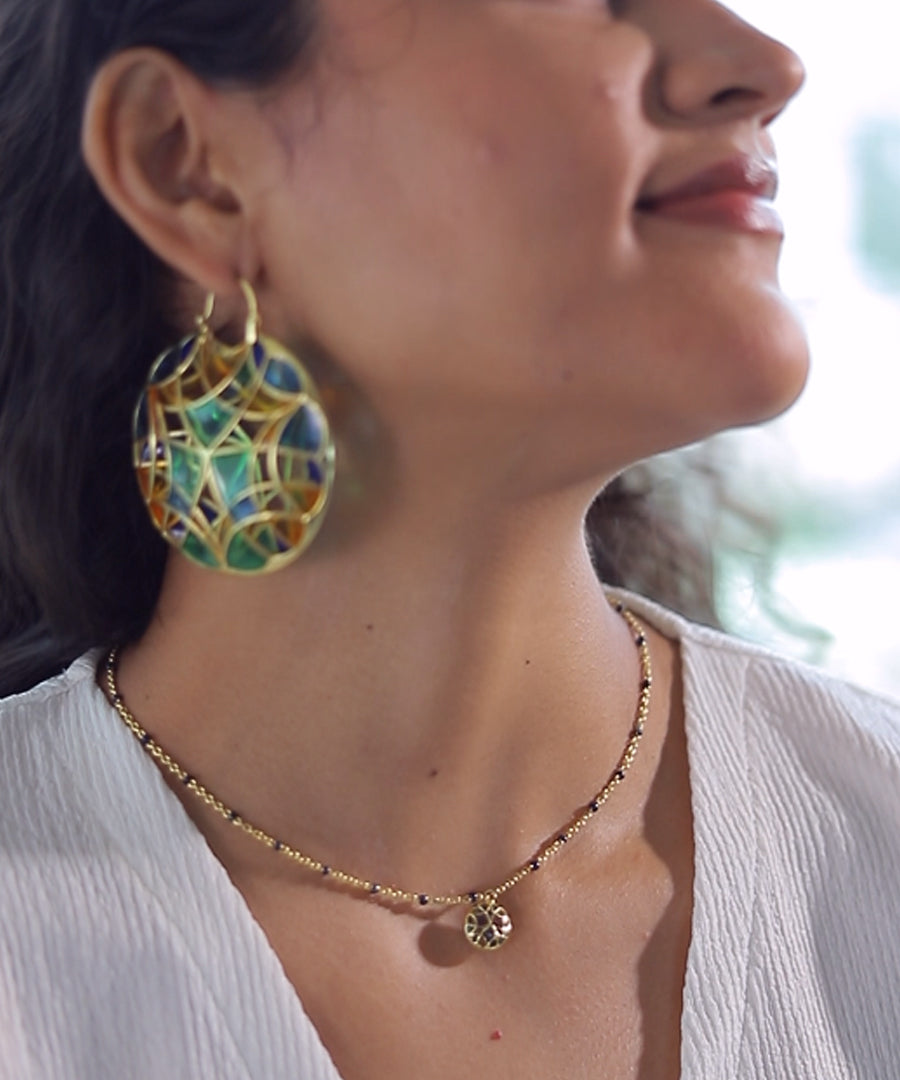 Aqua Blue Kaleidoscope Chaos Charm Neckchain in Gold Finish