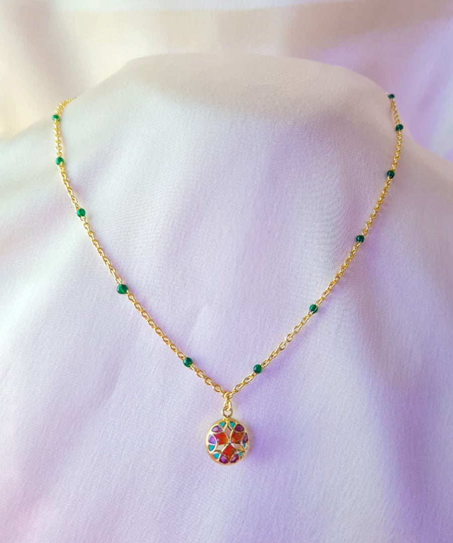 Rust Pink Kaleidoscope Chaos Charm Neckchain in Gold Finish