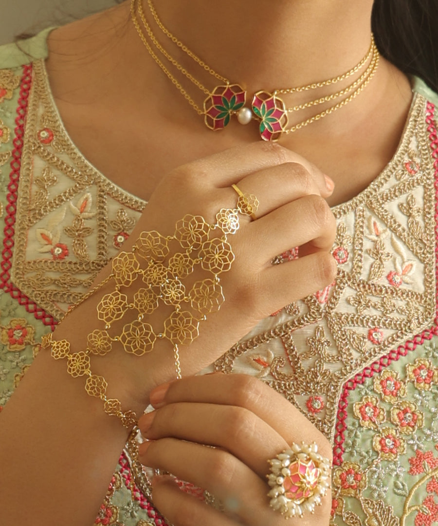 Gul Handcrafted 925 Silver Haathphool - Gold finish Jewelry - Traditional Flower Hand Jewelry - Bridal & Festive Wear