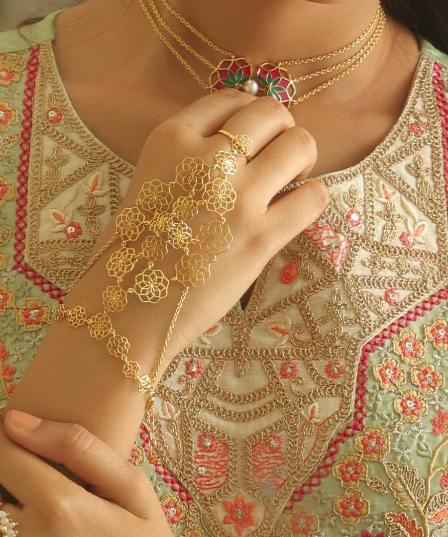 Gul Handcrafted 925 Silver Haathphool - Gold finish Jewelry - Traditional Flower Hand Jewelry - Bridal & Festive Wear