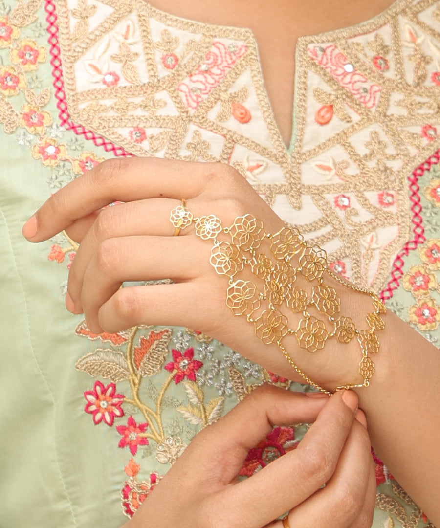 Gul Handcrafted 925 Silver Haathphool - Gold finish Jewelry - Traditional Flower Hand Jewelry - Bridal & Festive Wear