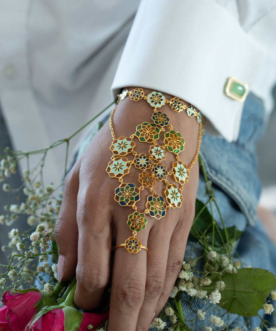 Gul Breezy Blue Zuhuur Hathphool Bracelet –  Pastel Blue Meenakari Enamel - Flower Hand Jewelry in Gold Finish