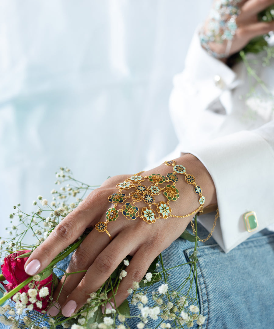 Gul Breezy Blue Zuhuur Hathphool Bracelet –  Pastel Blue Meenakari Enamel - Flower Hand Jewelry in Gold Finish