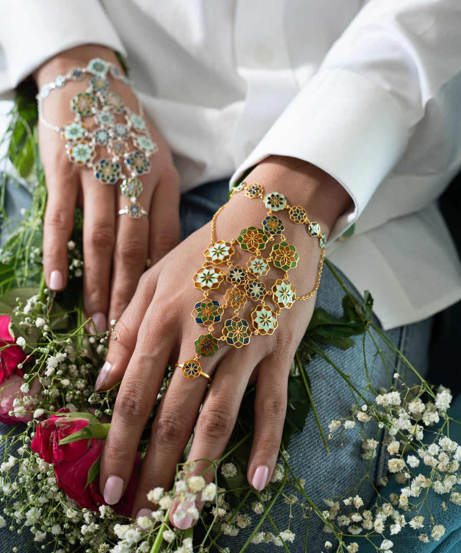 Gul Breezy Blue Zuhuur Hathphool Bracelet –  Pastel Blue Meenakari Enamel - Flower Hand Jewelry in Gold Finish