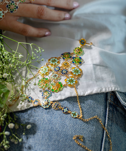 Gul Breezy Blue Zuhuur Hathphool Bracelet –  Pastel Blue Meenakari Enamel - Flower Hand Jewelry in Gold Finish