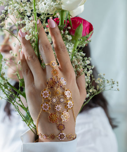 Gul Peach Blush Zuhuur Hathphool Bracelet – Pink Orange Meenakari Enamel - Flower Hand Jewelry in Gold Finish