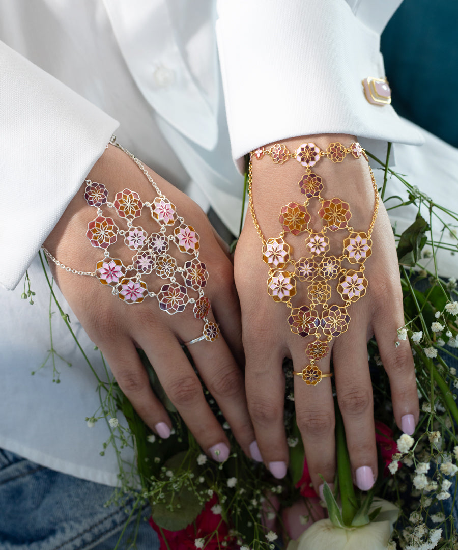 Gul Peach Blush Zuhuur Hathphool Bracelet – Pink Orange Meenakari Enamel - Flower Hand Jewelry in Gold Finish