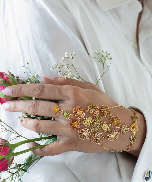 Gul Citrus Crush Handcrafted 925 Silver Haathphool - Gold finish Jewelry - Traditional Flower Hand Jewelry - Bridal & Festive Wear