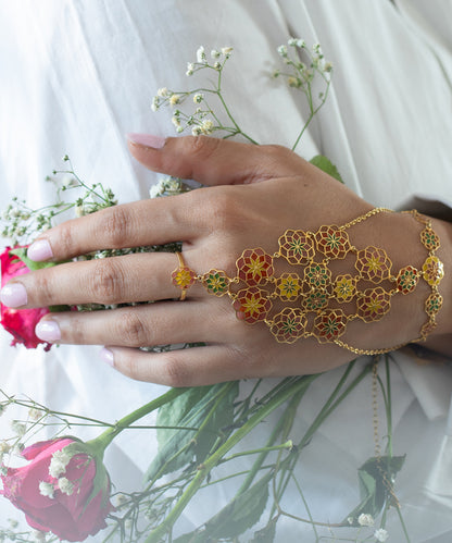 Gul Citrus Crush Handcrafted 925 Silver Haathphool - Gold finish Jewelry - Traditional Flower Hand Jewelry - Bridal & Festive Wear