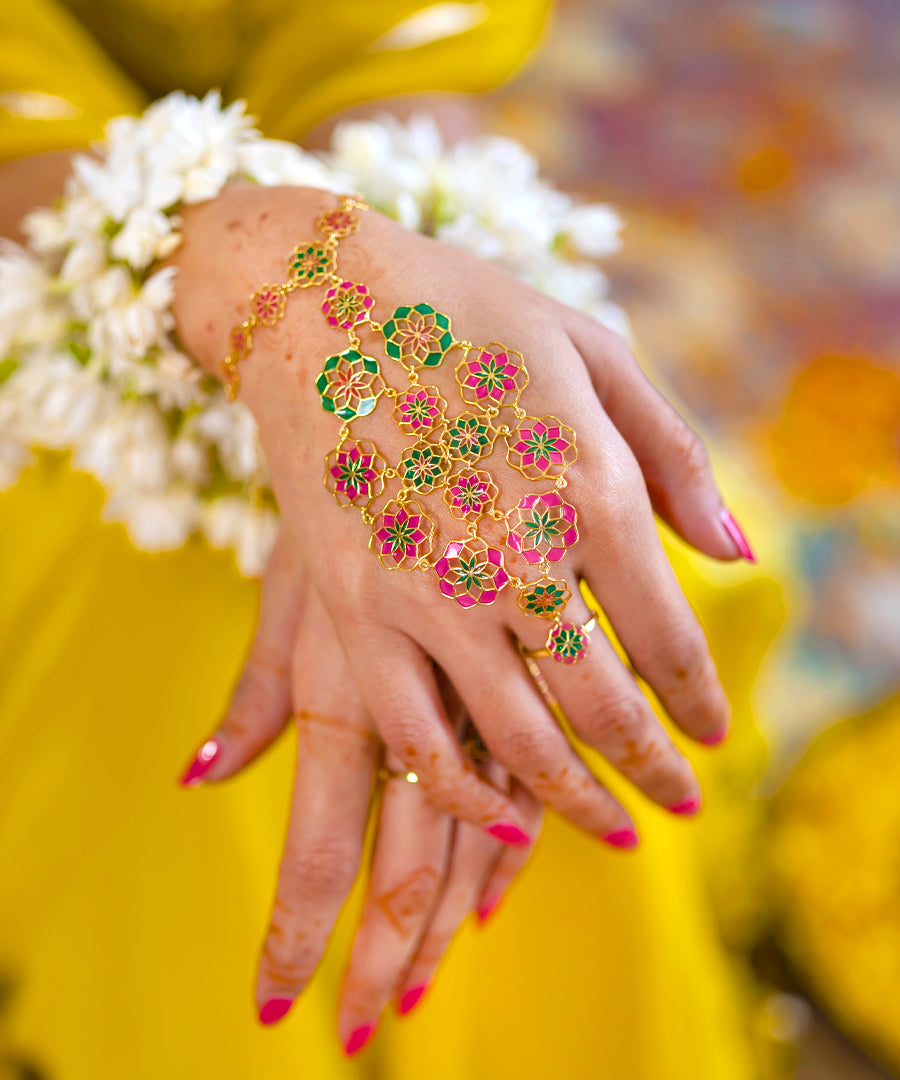 Gul Zuhuur Hathphool Bracelet –  Rani Pink Meenakari Enamel - Flower Hand Jewelry
