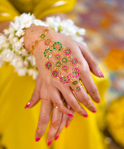 Gul Zuhuur Hathphool Bracelet –  Rani Pink Meenakari Enamel - Flower Hand Jewelry