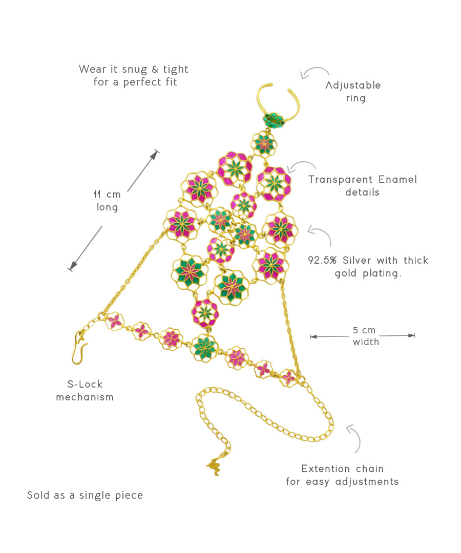 Gul Zuhuur Hathphool Bracelet –  Rani Pink Meenakari Enamel - Flower Hand Jewelry