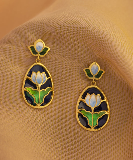 Blue Green Lotus Earrings. Silver gold plated earrings from AKS Jalaj collection by Manner India.