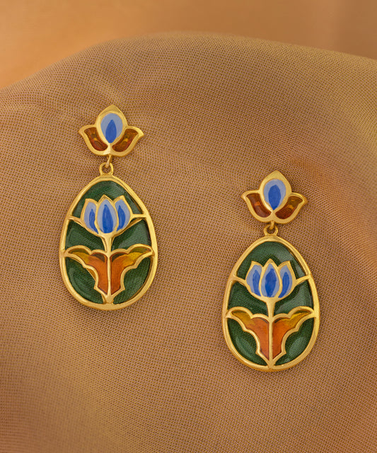 Green red lotus earrings. 92.5% sterling silver gold plated earrings from AKS Jalaj collection by Manner India.