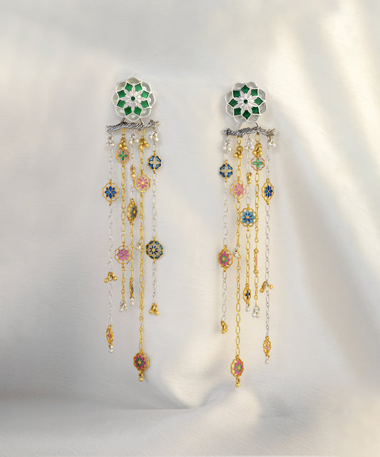 Small golden gulbaari earrings with detachable chain. 92.5% sterling silver earrings from Gulaal collection by Manner India.