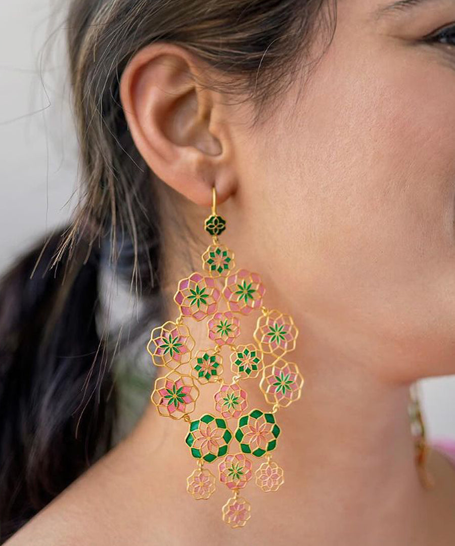 Golden enamel long earing. Gulaal collection by Manner India.