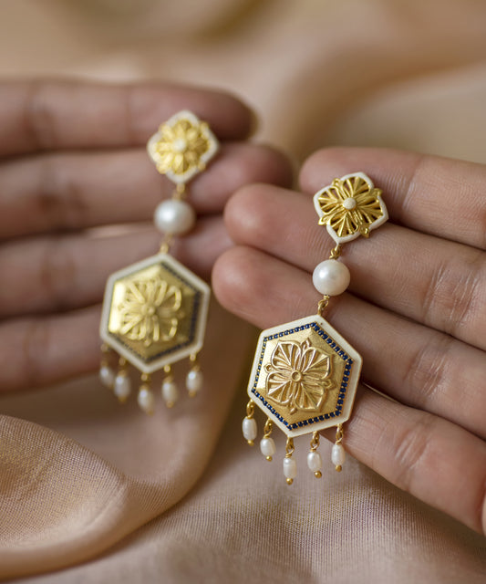 Golden Blue Zircon Magnolia Earrings