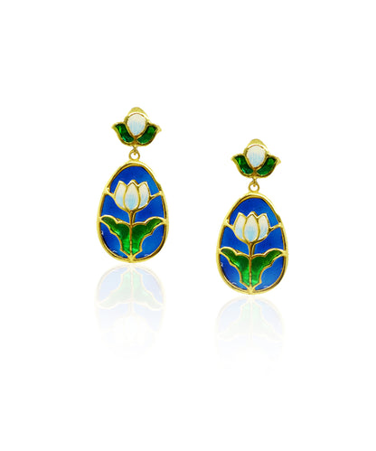 Aks Lotus Handmade Drop Earrings- Blue and Green Meenakari Flower Jewellery