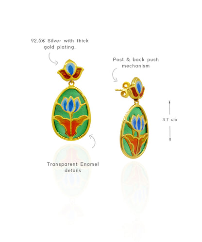 Aks Lotus Handmade Drop Earrings-Green and Orange Meenakari Flower Jewellery