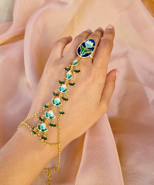 Aks Lotus Handmade Lotus Haathphool - Blue and Green Meenakari Flower Hand Jewellery