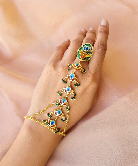 Aks Lotus Handmade Lotus Haathphool - Green Meenakari Flower Hand Jewellery