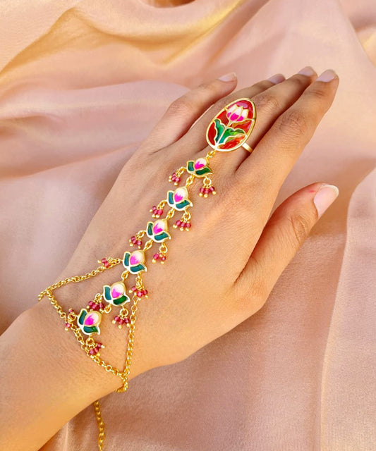 Aks Lotus Handmade Lotus Haathphool - Red and Green Meenakari Flower Hand Jewellery