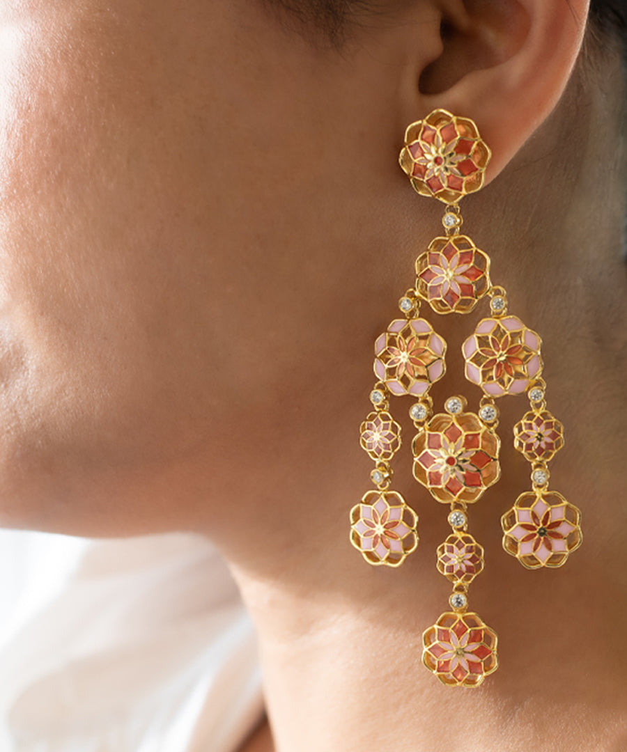 Gul Phool Earrings - Pastel Pink and Orange Enamel -Light Weight - Statement Flower Jewelry