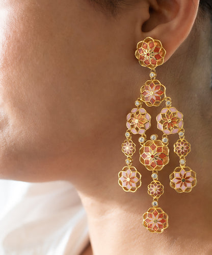Gul Phool Earrings - Pastel Pink and Orange Enamel -Light Weight - Statement Flower Jewelry
