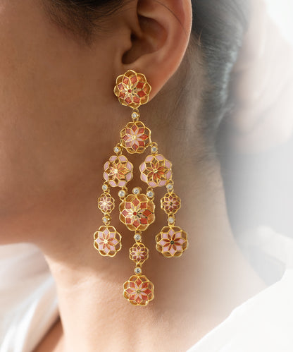 Gul Phool Earrings - Pastel Pink and Orange Enamel -Light Weight - Statement Flower Jewelry