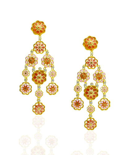Gul Phool Earrings - Pastel Pink and Orange Enamel -Light Weight - Statement Flower Jewelry