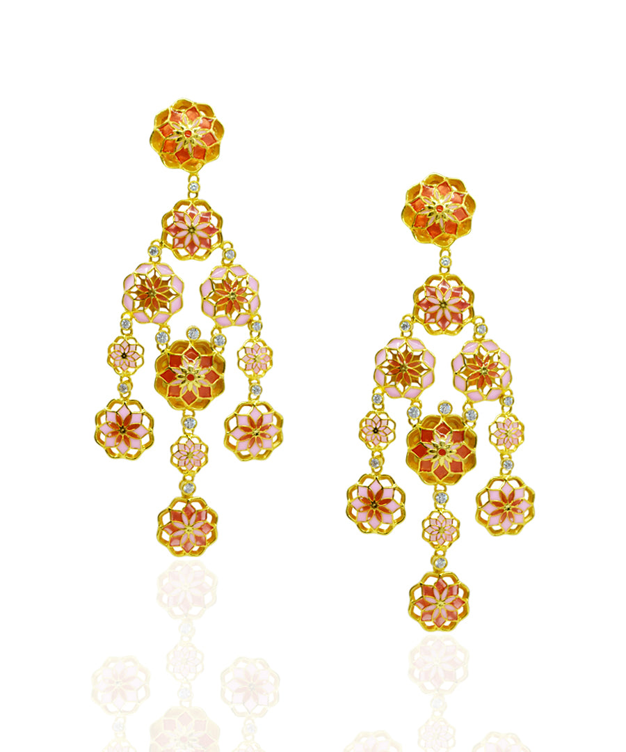 Gul Phool Earrings - Pastel Pink and Orange Enamel -Light Weight - Statement Flower Jewelry
