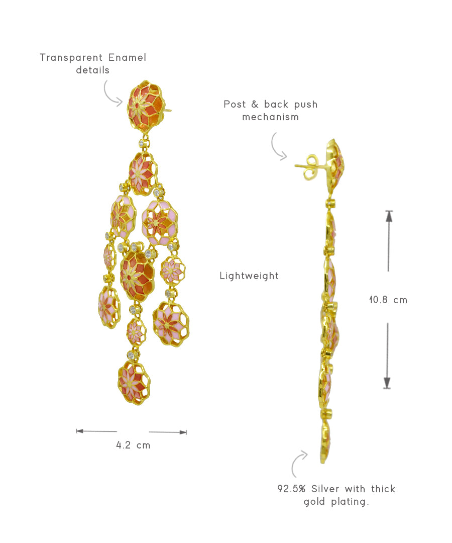 Gul Phool Earrings - Pastel Pink and Orange Enamel -Light Weight - Statement Flower Jewelry