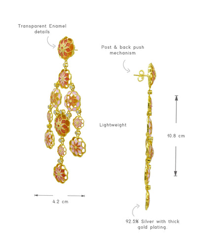 Gul Phool Earrings - Pastel Pink and Orange Enamel -Light Weight - Statement Flower Jewelry